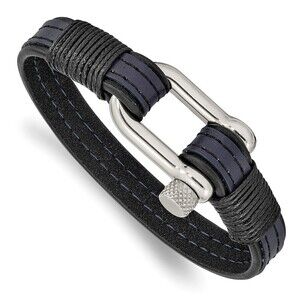Kazi Luxury Steel Polished Shackle Black & Blue Leather 8.25in Bracelet